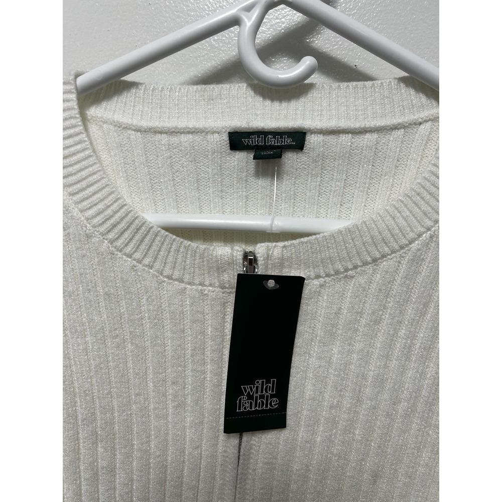 Wild Fable White Ribbed Crew‎ Neck Long Sleeve Cropped Sweater Women Medium - Picture 2 of 5